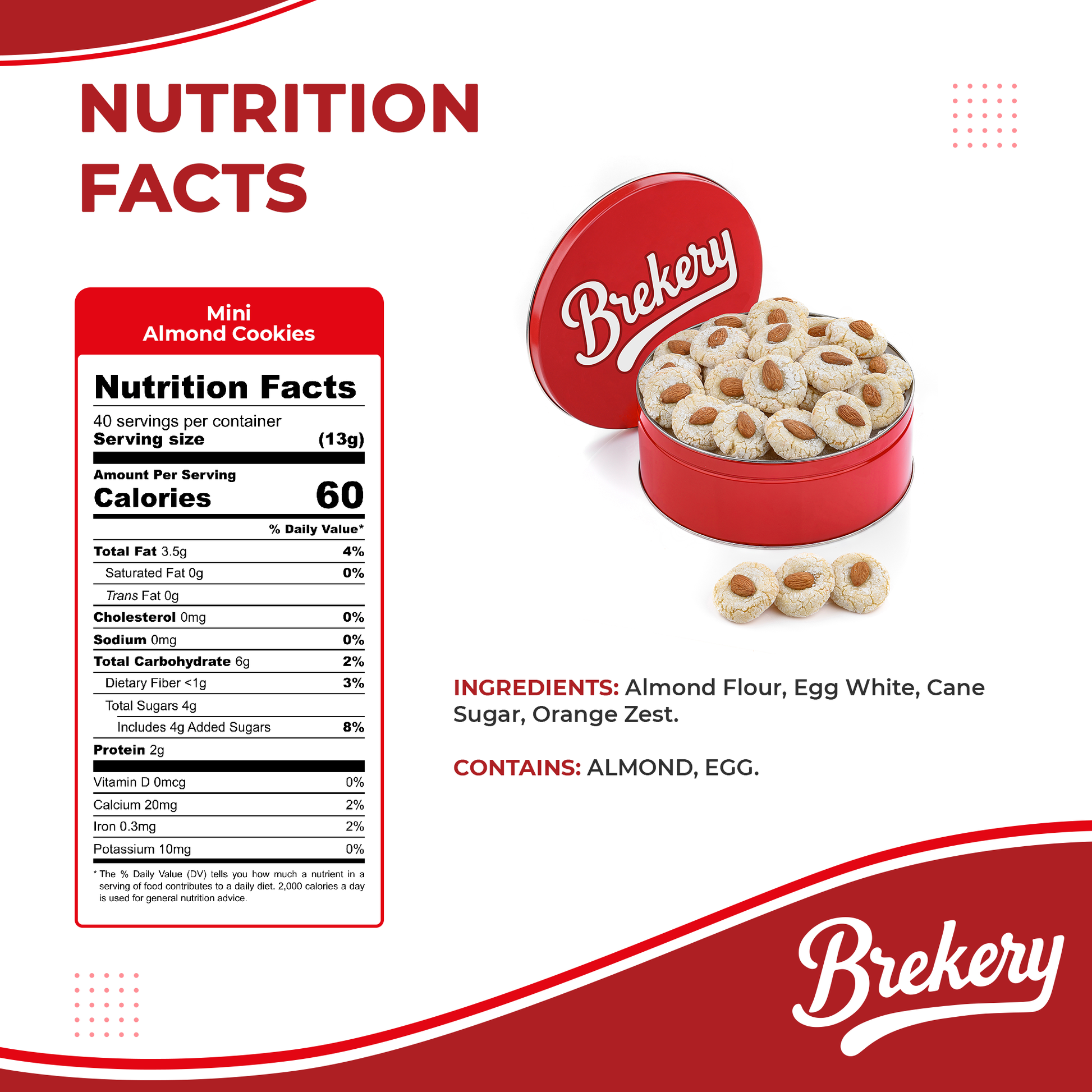 Brekery mini almond cookies nutrition facts label
